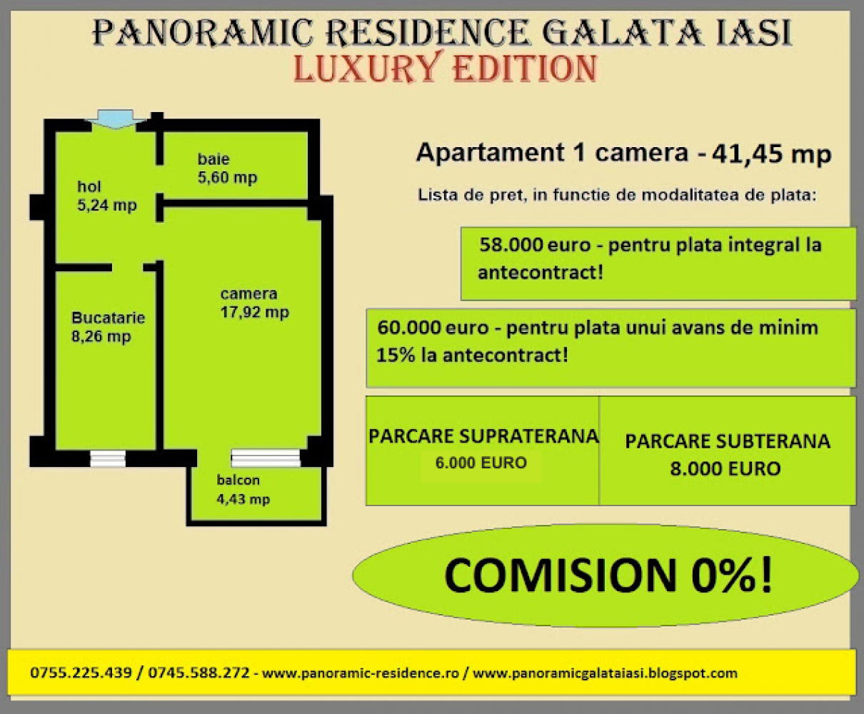 Detalii apartament 1 camera 41,23/41,45 mp ansamblul rezidential Panoramic Residence Galata Iasi - LUXURY EDITION